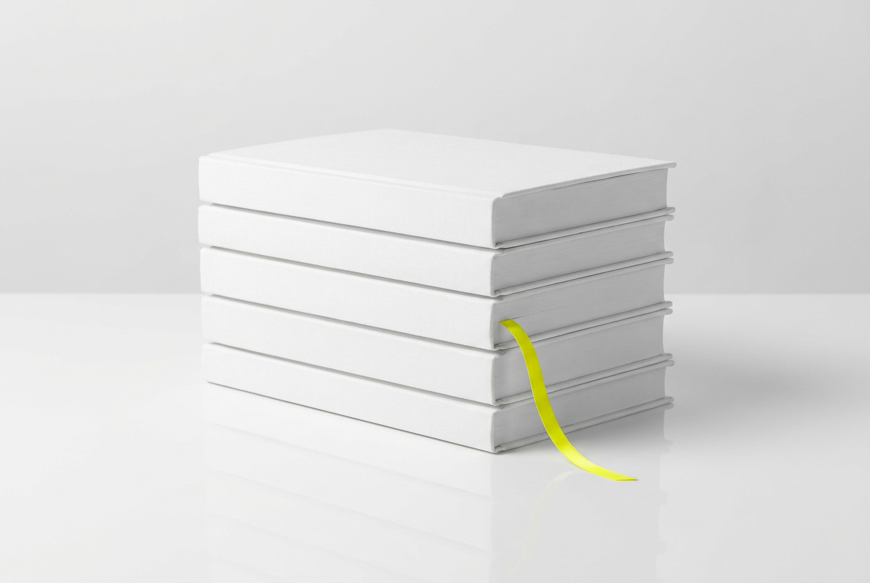 A stack of white books with one yellow ribbon bookmark.