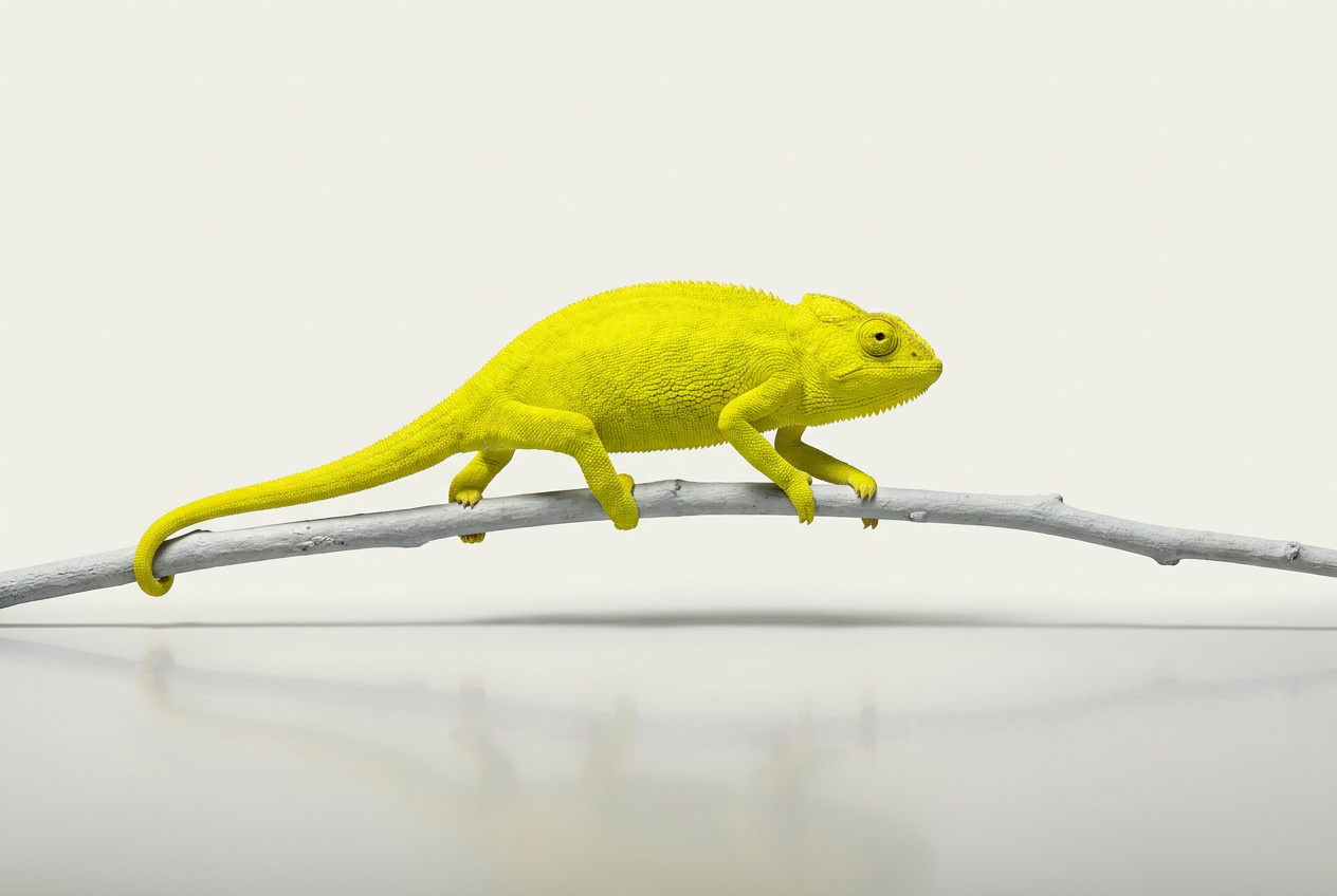 A bright yellow chameleon walking along a grey branch.