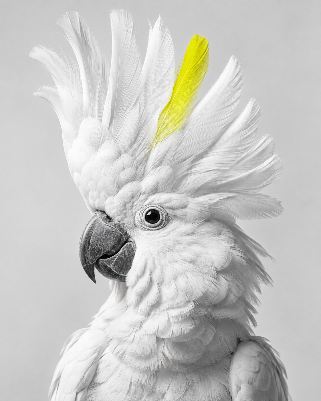 An alert white cockatoo with one striking yellow crest feather.