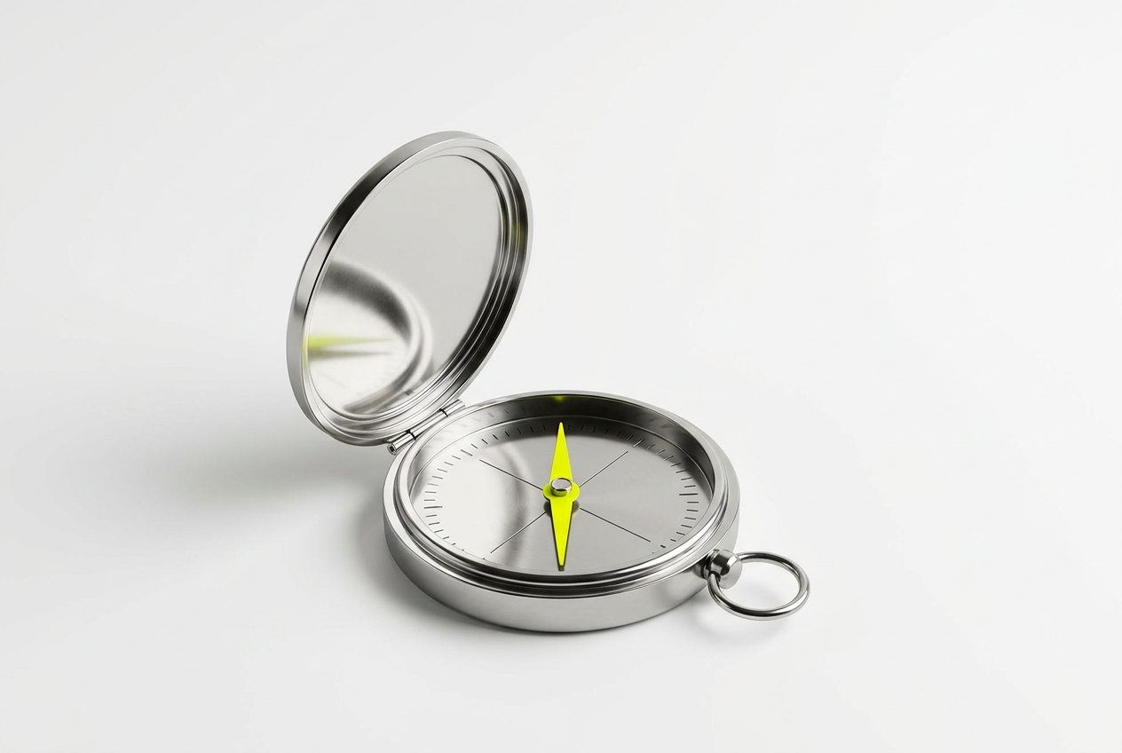 An open steel compass with a yellow needle.