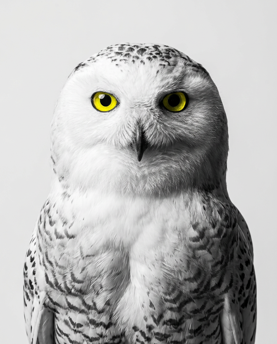 A snowy owl with yellow eyes, looking straight ahead.